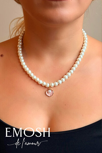 EMOSH de Lamour Romantik Pembe İstiridye Uçlu İnci Kolye | Beyaz İnci Choker ...