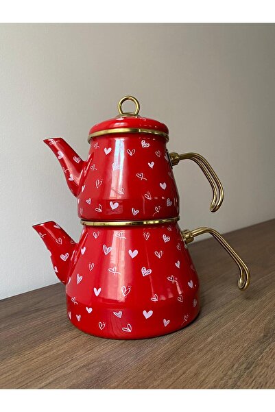 TrendBanyoMutfak Red Heart Enamel 2-Piece Teapot Set – Retro Tea Set