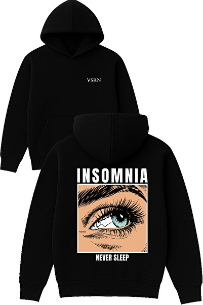 VSRN Hanorac negru supradimensionat cu glugă, imprimat cu design Insomnia
