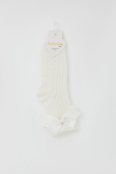 Katamino Girl's Fishnet Socks with Bow Accessories and Pearls, Age 5-8, Ecru