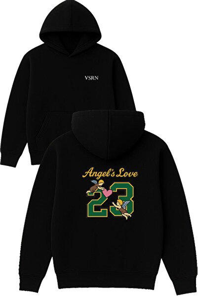 VSRN Hanorac negru supradimensionat cu glugă, imprimat cu design Angels Love