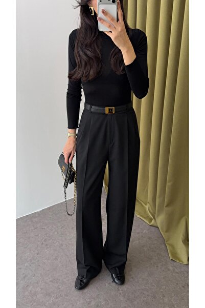 HAZELANNA Black Palazzo Fabric Trousers
