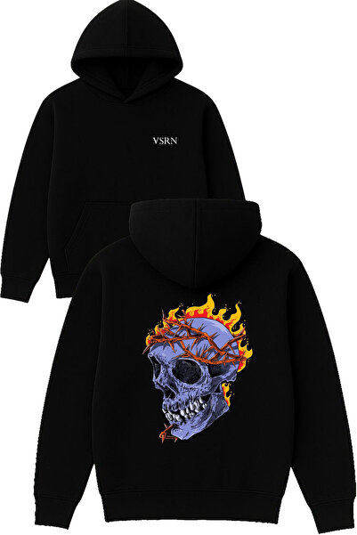 VSRN Hanorac negru supradimensionat cu glugă, cu imprimeu cu design Flame Skull