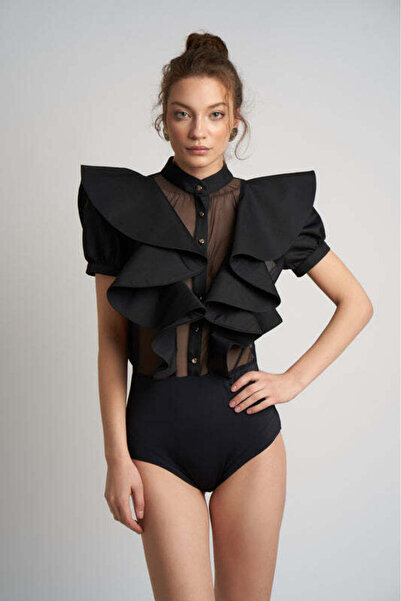 Monarh Design Bodysuit with oversized ruffles and transparent inserts