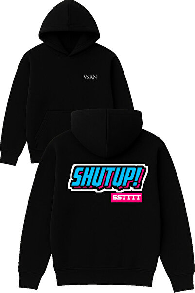 VSRN تصميم Shut Up مطبوع قصة فضفاضة سويت شيرت أسود بغطاء رأس