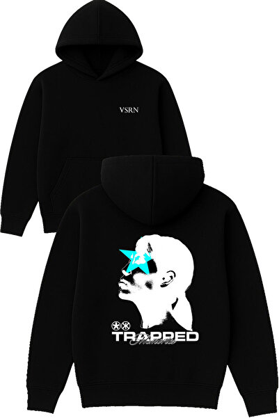 VSRN سترة ترابتد ديزاين مطبوع قصة فضفاضة سوداء بغطاء رأس