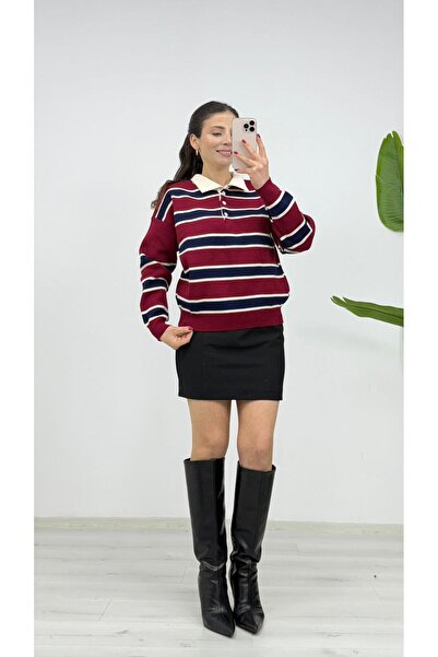 TUNAM BUTİK 3010 Striped Polo Neck Knitwear Sweater Burgundy