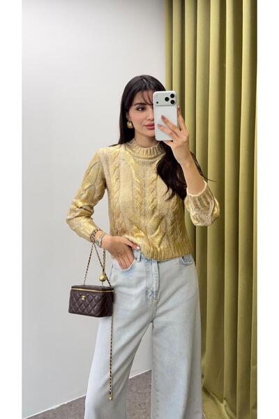 HAZELANNA Knitted Patterned Gold Sweater