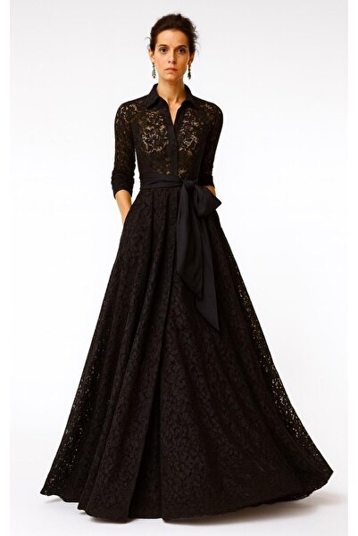 ALYEL NAKER Kuşak Detaylı Transparan/Astarsız Siyah Dantel Maxi Gömlek Elbise