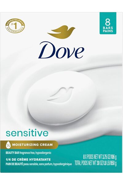 Dove Beauty Bar Soap Sensitive, 8 Bars for Sensitive Skin, Fragrance Free and Hypoallergenic 3.75 oz