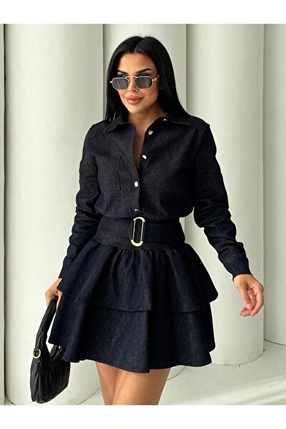 HARMONY GLOBAL Rochie de lux cu centură aurie, cu talie elastică, cu volane în straturi, mini rochie din denim bleumarin/rochie cămașă 7542
