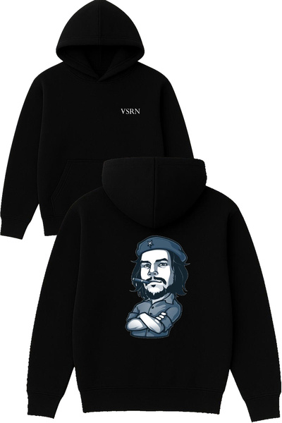 VSRN سويت شيرت بورولو تشي جيفيرا تصميم مطبوع قصة فضفاضة أسود بغطاء رأس
