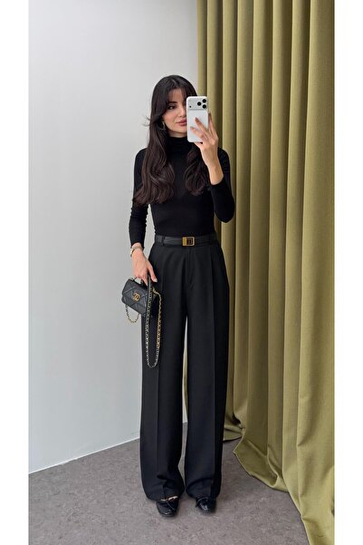 HAZELANNA Black Palazzo Fabric Trousers