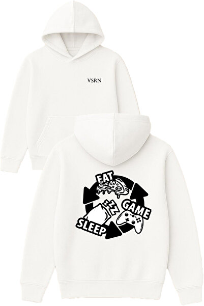 VSRN Hanorac alb supradimensionat cu glugă, imprimat cu design Game Sleep