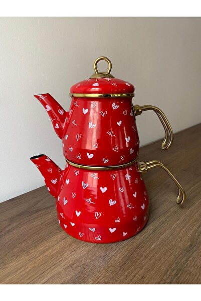 TrendBanyoMutfak Red Heart Enamel 2-Piece Teapot Set – Retro Tea Set