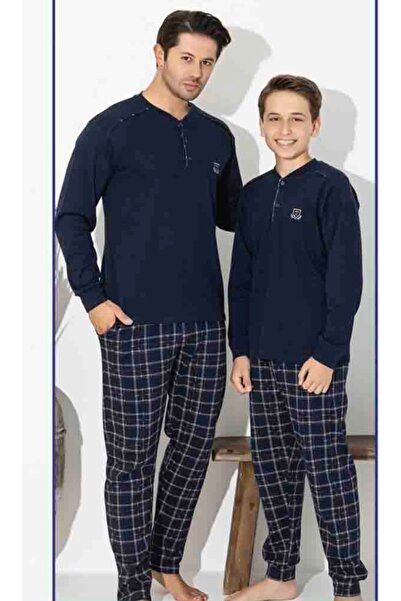 Tarık Lacivert polar baba-oğul kombin pijama takımı