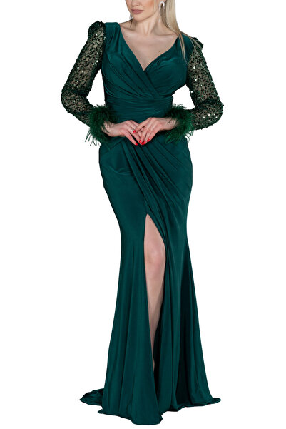 Arden Long Evening Dress, Double-Breasted V-Neck, Sequined Long Sleeve, Draped , Slit Fishtail Evening Dress, 38-44
