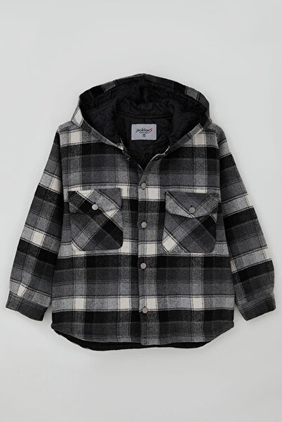 Jack Lions Boy's Coat, Plaid Pattern, Hooded Buttons, Pockets, Age 5-9, Gray