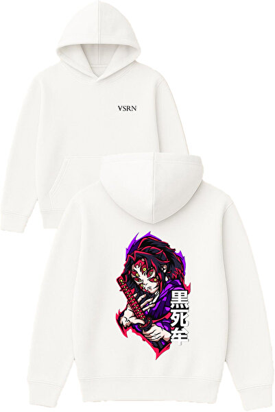 VSRN Hanorac alb supradimensionat cu glugă, imprimat cu design Samurai cu 6 ochi