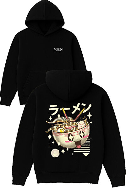 VSRN Hanorac negru supradimensionat cu glugă, imprimat cu design Sweet Noodle