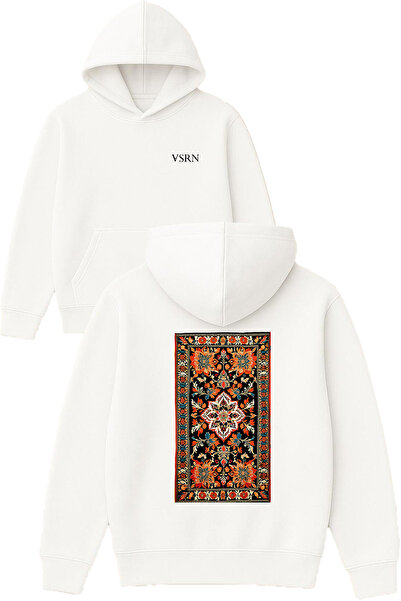 VSRN تصميم سجادة منقوشة باللون البرتقالي مطبوع قصة فضفاضة سويت شيرت أبيض بغطا...