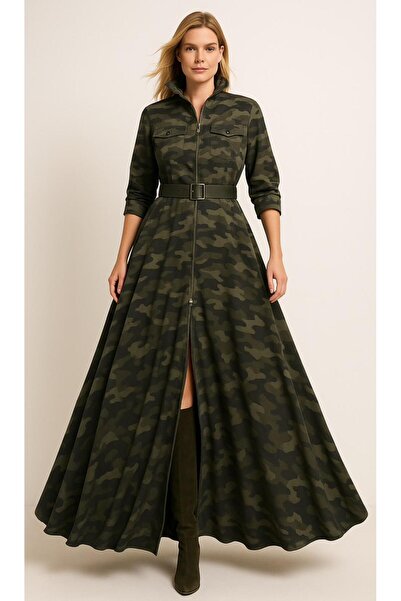 ALYEL NAKER Önden Fermuarlı & Utility Detaylı Kamuflaj Poplin Maxi Elbise