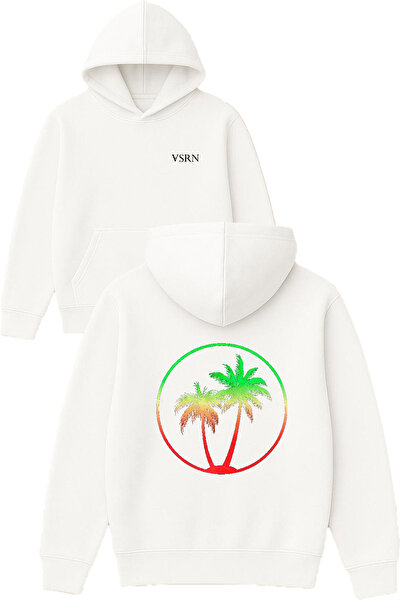 VSRN Hanorac alb supradimensionat cu glugă, imprimat cu design Palm Tree