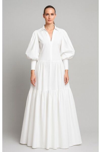 ALYEL NAKER فستان قميص ماكسي من البوبلين الأبيض مع تفاصيل كشكشة وأكمام بالون