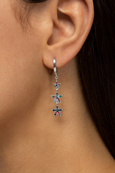 Bilsen Store 925 ayar gümüş kaplama mixs taşlı üç sıra hediyelik küpe