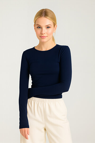 RABTEKS Bluză casual elastică pentru femei, cu gât rotund, albastru bleumarin, Soft Touch