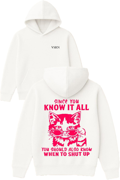 VSRN Hanorac alb supradimensionat cu glugă, cu imprimeu Know It All Design