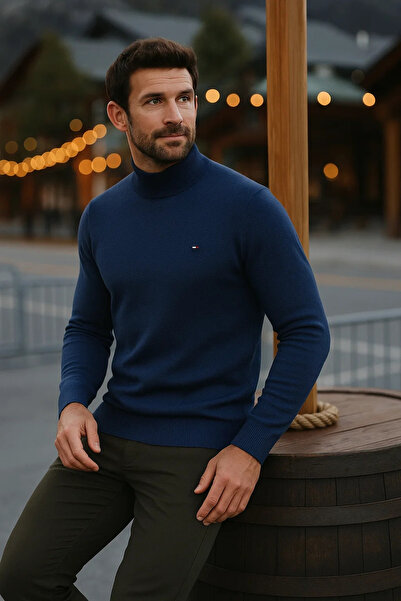 comstar Men's Basic Winter Half-High Collar Long Navy Blue Sweater