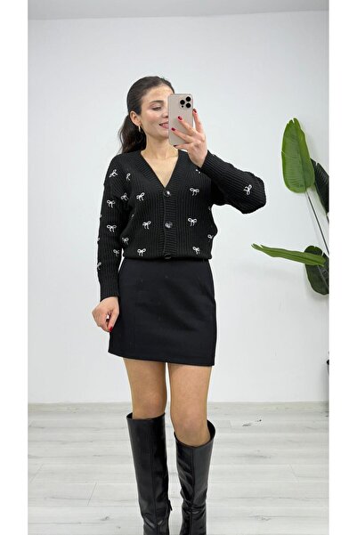 TUNAM BUTİK 2092 Bow Embroidery Detailed Knitwear Cardigan Black