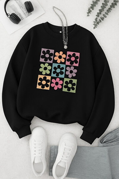 PALPİTO Γυναικείο μαύρο φούτερ με στάμπα μαργαρίτες και λαιμόκοψη ποδηλάτου, ...