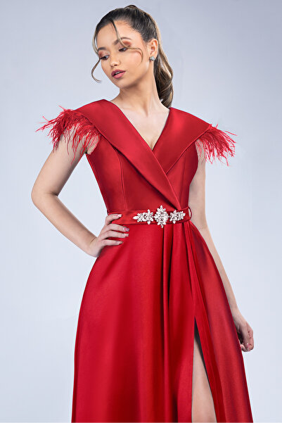 Perdonna Premium long dress made of elastic taffeta, wrap-around bodice and decorative feathers - Karina 51035
