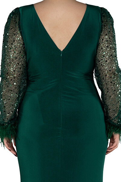 Arden Plus Size Long Evening Dress, Double-Breasted V-Neck, Long Sleeve with Sequined Otriche, Slit , Wedding Fish Evening Dress,46-56