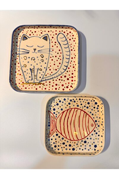 Terra Art Kedi balık ikili kare tabak, sunumluk (el yapımı)