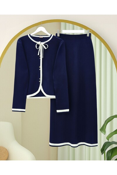 Modamorfo Lace Detailed Striped Buttoned Skirt Knitwear Set - Navy