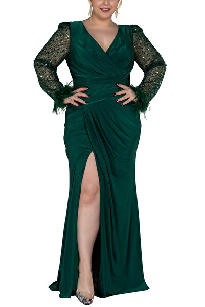 Arden Plus Size Long Evening Dress, Double-Breasted V-Neck, Long Sleeve with Sequined Otriche, Slit , Wedding Fish Evening Dress,46-56