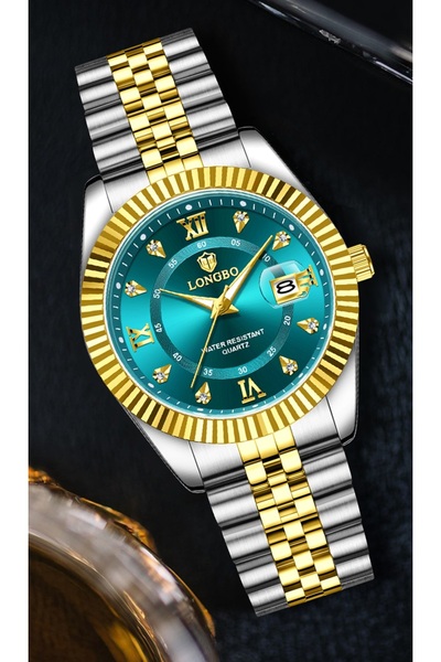 Long Bo LONGBO Men's Blue Dial Quartz Watch, Two-Tone Silver Gold Stainless S...