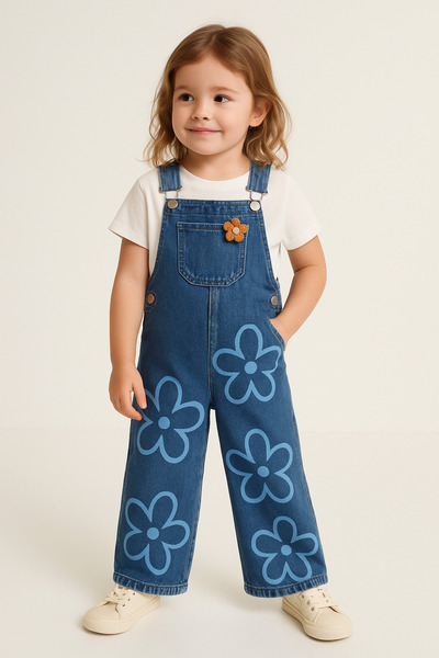 mini kanka Girl's Trend Floral Printed Denim Salopet Jumpsuit – Black 6-15 Years