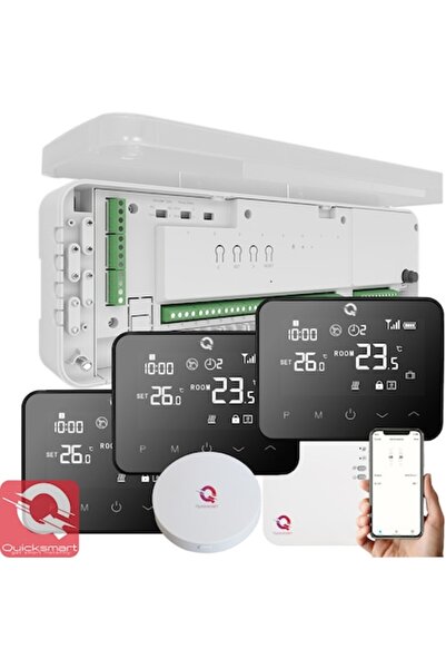 Quicksmart Kit de automatizare pentru încălzire prin pardoseală Q20, controler cu 8 zone, 3 termostate Q20, Wi-Fi, e-Hub, negru
