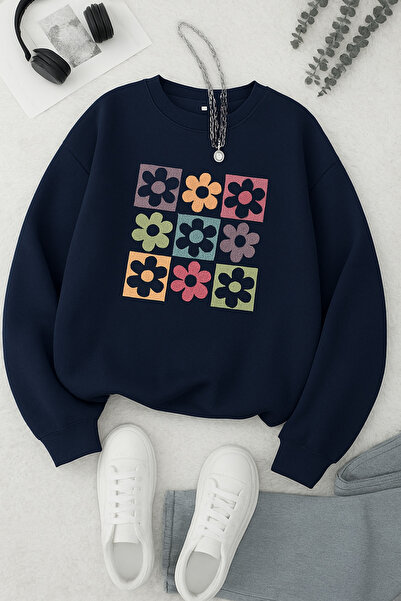 PALPİTO Дамска тъмносиня суитшърт с квадратен принт с маргаритки и велосипедн...
