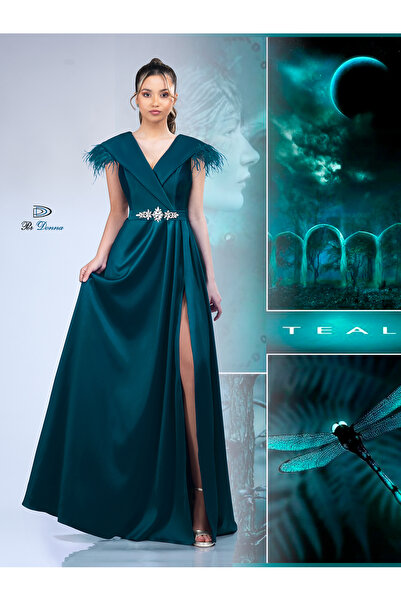 Perdonna Premium long dress made of elastic taffeta, wrap-around bodice and decorative feathers - Karina 51035