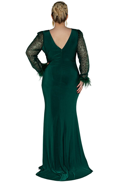 Arden Plus Size Long Evening Dress, Double-Breasted V-Neck, Long Sleeve with Sequined Otriche, Slit , Wedding Fish Evening Dress,46-56