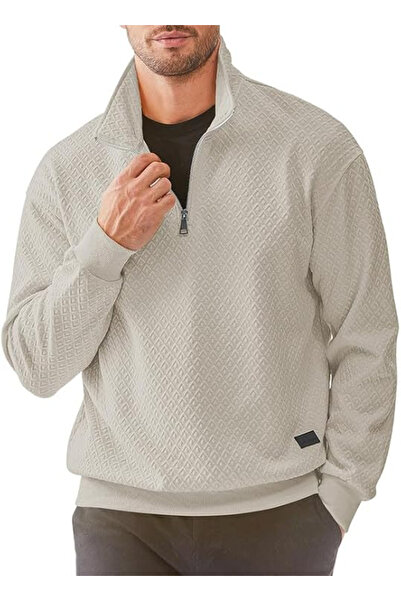 OEM Men's Casual Long Sleeve Pullover Sweater Beige 1/4 Zipper 3XL
