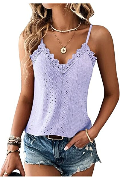 OEM Casual summer T-shirt, with V-neck, thin straps, lace, purple M