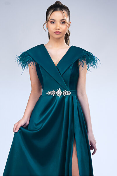 Perdonna Premium long dress made of elastic taffeta, wrap-around bodice and decorative feathers - Karina 51035