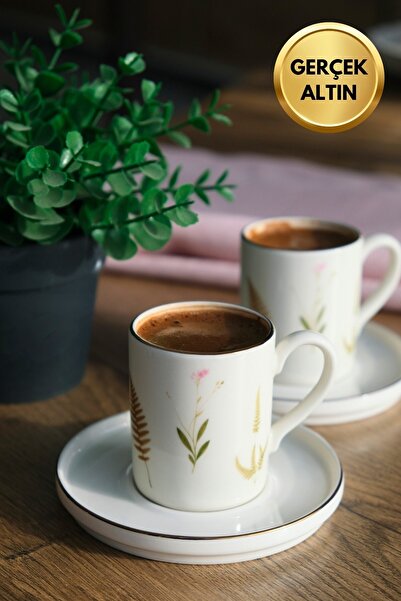 tabakevi Tabak Evi Porselen Natura Karma Altın Yaldızlı Kahve Fincan Takımı 90cc 2 Kişilik 4 Parça
