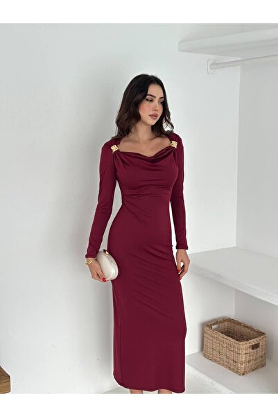 EDAYBUTİK Женска рокля с детайлна елегантна дълга рокля с закопчалка на яката